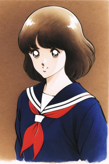 <lora:Adachi:1.0>,1girl, solo, brown hair, neckerchief, short hair, simple background, school uniform, red neckerchief, upper body, serafuku, brown eyes, white background, sailor collar, shirt, black serafuku, bangs, black shirt, black sailor collar