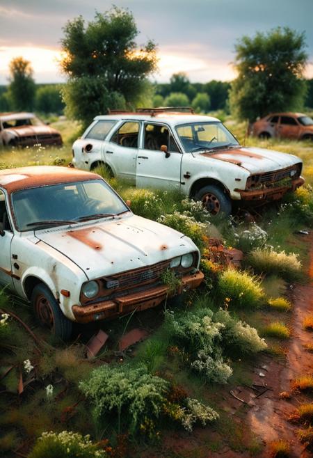 realistic, photograph, detailed photography, high quality, depth of field, tilt shift, white balance, volumetric lighting, 
Grass field, 2 rusty cars, bushes and tree growing out of the cars, post apocalyptic, dawn