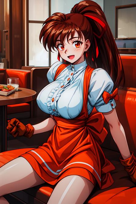 1girl, large breasts, sitting, smile, open mouth, (restaurant:1.2), cowboy shot, , looking at viewer, 
vg_yuuka, red eyes, brown hair, long hair, ponytail, hair ribbon, gloves, waitress, white shirt, puffy sleeves, short sleeves, skirt, <lora:VG_Yuuka_lora_ver3:0.7>, best quality, masterpiece, highres, <lora:GoodHands-vanilla:1>