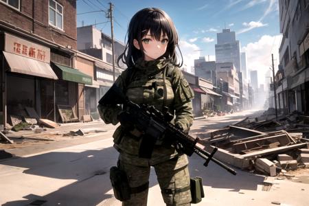 masterpiece, best quality, 1girl, m4a1,camouflage, trigger discipline, destroyed city background <lora:m4a1:0.8>