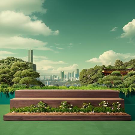 noh humans,masterpiece, 1showcase,green theme,plant,sky,city,