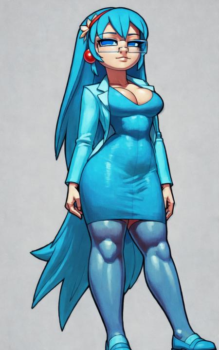 8k.4k,((Best quality, masterpiece, ultra high resolution)),((full body)),standing, by pixelsketcher, <lora:Inki:1.15>,inki,long hair,  blue eyes, hair ornament, (pantyhose), dress, cleavage, aqua dress,aqua shoes, aqua pantyhose,glasses, blazer, aqua blazer, layered clothing, aqua hair,human,white background,long shot,solo