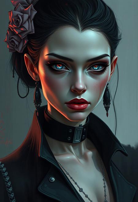 A gothic-fantasy heroine, her boldly designed outfit and eyes painted in  precise style, yet her face carries a deep, contemplative sadness reminiscent of expressionist figures.
bold digital semi-realism meets melancholic expressionism, soft painterly textures blending into crisp stylized portraiture, dramatic moody lighting, eerie and contemplative atmosphere, muted grays with neon highlights, deep introspective emotion, surreal abstraction merging with bold character design