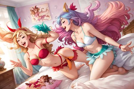 2girls, pillow fight, bedroom, indoors, feathers flying, flurry of feathers, fun, playful, sexy, pyjamas,
art by DEN_barbucci_full, watercolour painting,