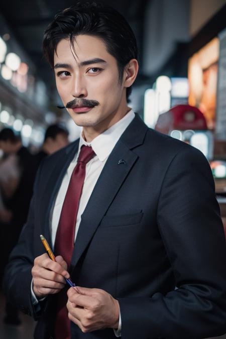 mouri kogorou, 1boy,38yo male, solo, mature male,suit,blue jacket, pencil mustache, 