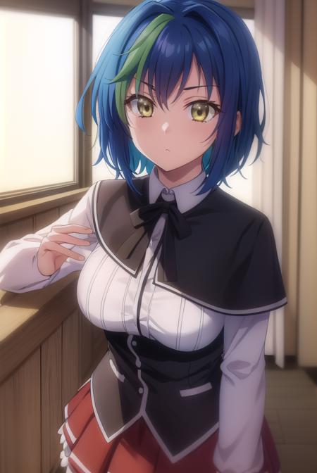 xenoviaquarta, <lora:dxd xenovia quarta anime s2-lora-nochekaiser:1>,
xenovia quarta, short hair, blue hair, (yellow eyes:1.5), multicolored hair, green hair, two-tone hair, streaked hair,
BREAK shirt, ribbon, school uniform, white shirt, black ribbon, neck ribbon, capelet, black capelet, long sleeves, skirt, red skirt,
BREAK indoors, classroom,
BREAK looking at viewer, (cowboy shot:1.5),
BREAK <lyco:GoodHands-beta2:1>, (masterpiece:1.2), best quality, high resolution, unity 8k wallpaper, (illustration:0.8), (beautiful detailed eyes:1.6), extremely detailed face, perfect lighting, extremely detailed CG, (perfect hands, perfect anatomy),