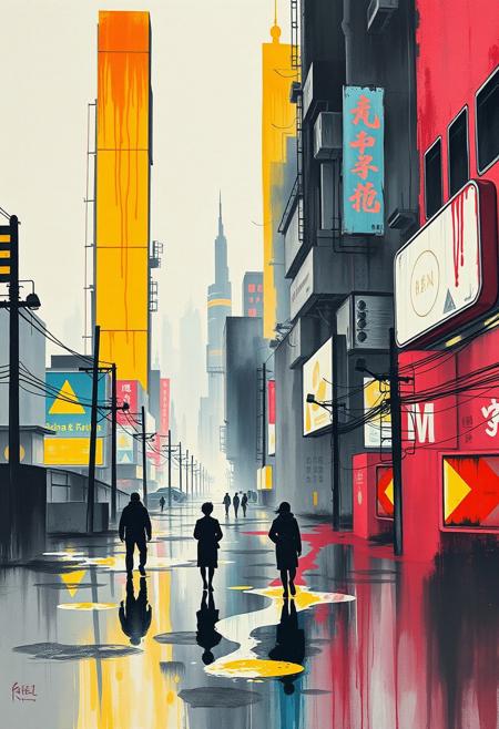 A futuristic city where towering neon billboards drip like wet oil paint, melting into the streets below as people walk through shimmering puddles of color., modern ink expressionism, sci-fi realism, abstract landscapes with technological intrusions, expressive brushwork, muted yet vibrant color accents, rural and urban fusion, poetic minimalism, futuristic melancholy, machine forms within painterly environments, narrative ambiance, East-meets-West aesthetics, contemplative atmosphere