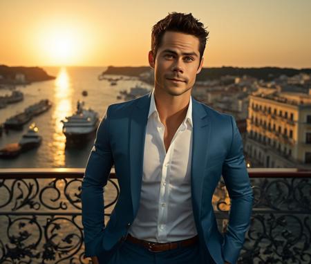 Nautical-themed (Photo:1.3) of (Ultrarealistic:1.3) <lora:Man_Men_FFashion:1> Dylan O'Brien a man <lora:Dylan-O-Brien:0.8> in a blue suit standing on a balcony, handsome man, attractive man, handsome male, sun behind him, inspired by Pablo Munoz Gomez, shot at golden hour, editorial photograph, midshot of a hunky, by Roman Bezpalkiv, by Artur Tarnowski, maxim sukharev, by Gabor Szikszai,Highly Detailed,(Mono Color:1.3) . Sea, ocean, ships, maritime, beach, marine life, highly detailed