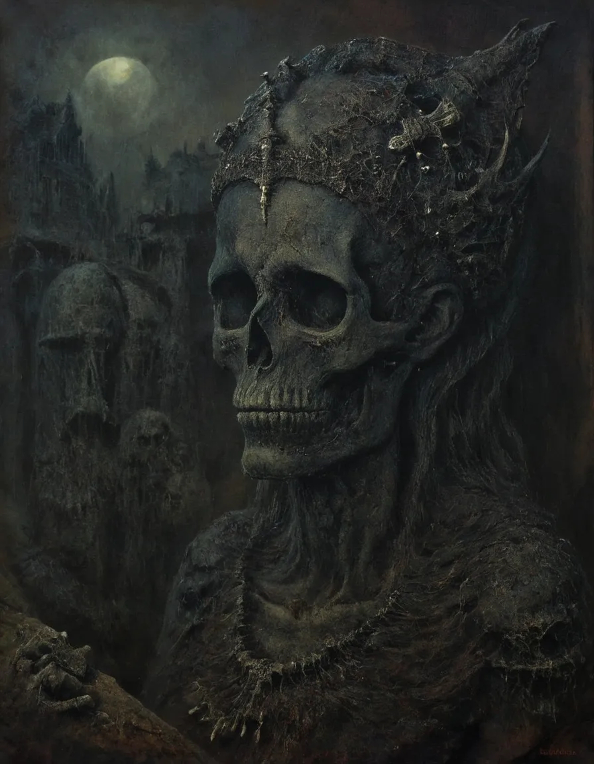 A dark and eerie painting of a skeleton wearing a crown.