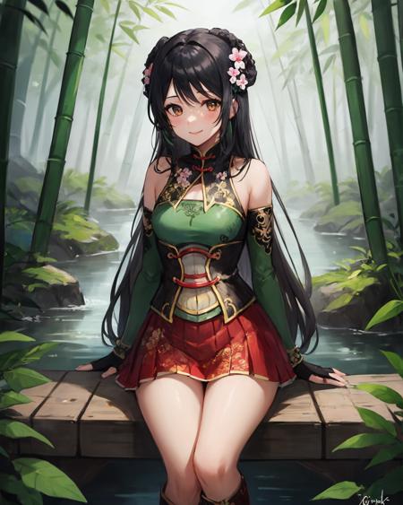 best quality, (masterpiece:1.2), illustration, absurdres,
(1girl, solo), (beautiful detailed girl),
<lora:GuanYinping-08:0.7>, Guan Yinping, black hair, brown eyes, hair ornament, hair flower, small breasts,
green top, bare shoulders, black collar, black corset, red skirt, fingerless gloves, green boots,
in bamboo forest, chinese architecture, stream,
looking at viewer, confident,  smile,