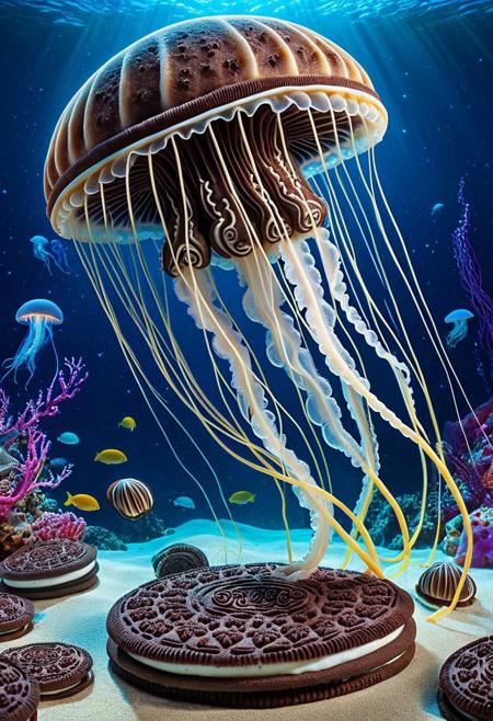 Sweet Delight, ((Jellyfish)) made of creamy cookies, ethereal sea, underwater dreamscape, stars, sealife, otherworldly, striking, lively colors, intense colors, picturesque, masterwork, exemplar quality, global illumination, SFW, PG, exquisite detail, digital art, dw01-3400