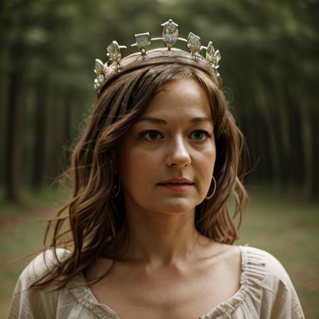 1girl, woman, ann_gir, portrait, focus on face, solo, neutral, looking at the viewer,queen, crown , brown hair, outdoor background, blurry background, <lora:Anne_Girouard_-_Guenièvre_Kaamelott:1>