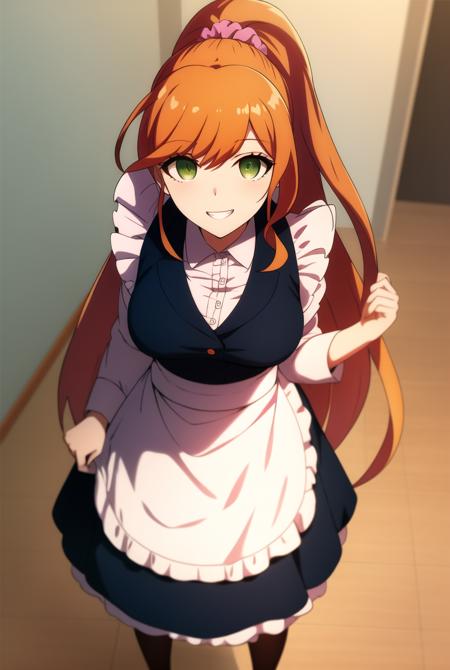 masterpiece, best quality,
orange hair, green eyes, long hair,  ponytail, bangs ,scrunchie, shirt,  labcoat,  pantyhose,
looking at viewer,standing,  YukizomeChisaZy, <lora:YukizomeChisaZy-000007:0.8>
1girl, solo, smiling, maid apron,long sleeves, high ponytail, upper teeth only, teeth, white apron, frills, very long hair, large breasts,