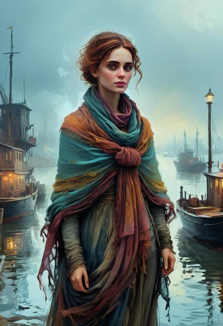 A dynamic digital sketch with loose painterly strokes, depicting an ethereal woman wearing a shawl within a misty, atmospheric Victorian dockside scene.  The style is rough, employing complementary epic colours, light auras, and mystical feeling, with a focus on rich textures. The mood and world-building take precedence over fine detail.