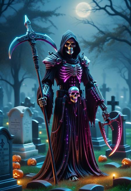 Cyborg, RGB light up Grim reaper with scythe, Cemetery background, foggy, dim, photography, high quality, detailed, realistic