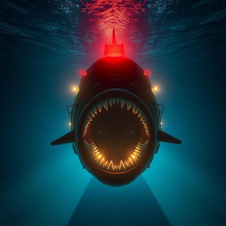 megalophobia, thalassophobia, a submarine sailing on the ocean floor with its lights pointing forward, the front of the submarine has an abyssal monster with its mouth open ready to swallow it, it is not possible to estimate its size, but the monster makes the submarine seem insignificant