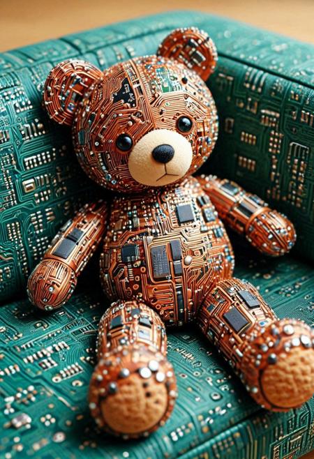 8k, Raw digital photo, Tilt shift photography style, , a teddy bear, lie down on elbow in sofa, pcb_style, sofa made of circuit, Unmanned, Sleeping teddy bear,