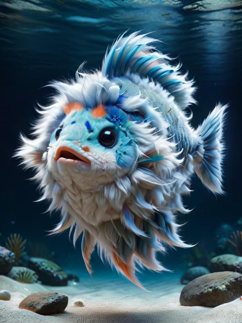 A blue and white fish with big eyes and a long tail, floating in the ocean.