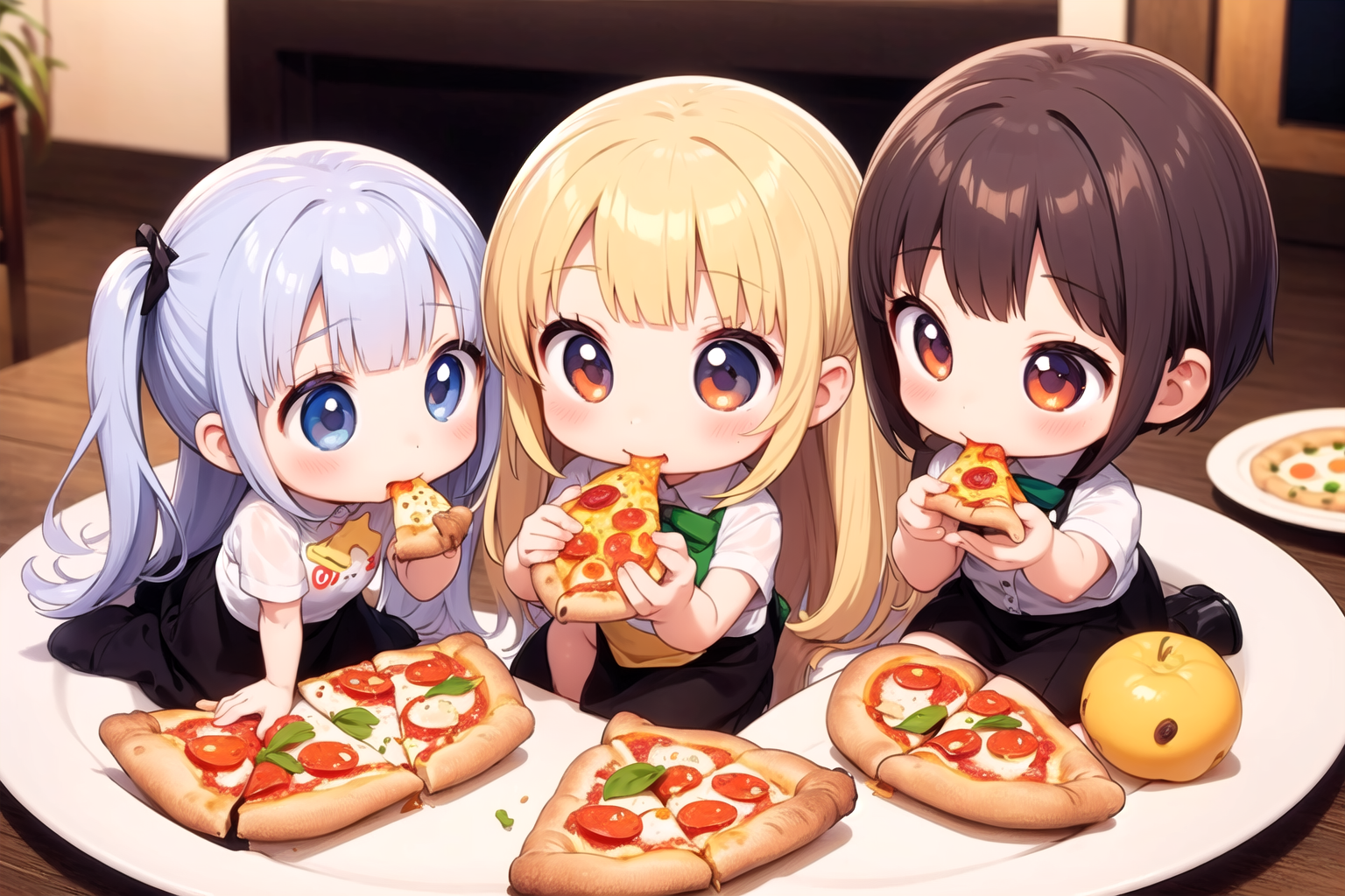 6+girls,(chibi:1.2),eating,pizza,holding pizza,full body,