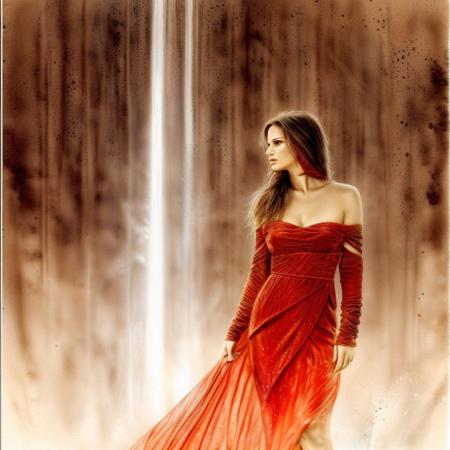royo, female, spy, red dress, ruins, beautiful, pretty