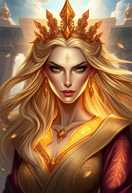 A goddess with a haughty expression, perfect symmetrical features, cold gaze, slight smirk. Flowing golden or silver hair, adorned with a delicate crown. Luxurious glowing robes with celestial patterns. Background: grand temple or sky with clouds. Dramatic lighting, fantasy art style, highly detailed