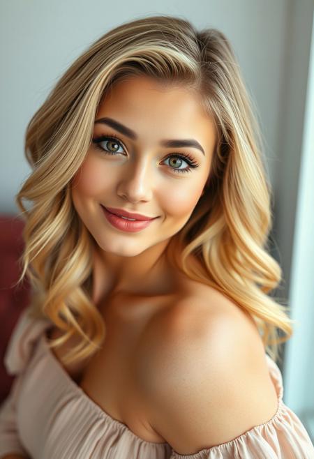 Beautiful woman, Petite, curvaceous figure, fair skin, heart-shaped face, large hazel eyes, slightly upturned nose, warm smile, full lips, well-defined cheekbones, blonde hair in soft waves
posing for a photograph, full body, dutch angle