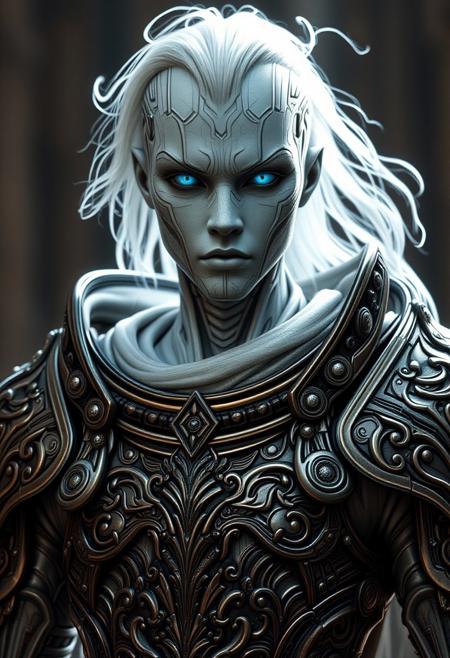 full body,humanoid android, covered in white porcelain skin, blue eyes, white wispy ghost wearing ornate armour 4k realistic fantasy, insane details, ghost phantom effect, hyper detailed, photoreal, photography, cinematic lighting, hdr, hd, cinematography, realism, fine art digital, HD, Mark Molnar mystical, redshift rendering, 8k,
