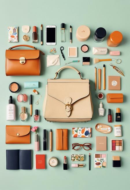 The knolling layout technique is utilized to create an illustration that depicts the contents of a lady's bag. This composition includes a variety of cute cosmetics, a notebook, stationery, a handkerchief, and a charming pouch, all artfully arranged and presented in a visually enticing manner.