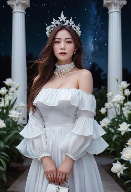 photorealistic, OLED, 1girl, Beautiful women, long hair, hair between eyes, very straight hair, half body portrait,  scheekbones, wide chin, wide lower jaw, soft freckles, (hazel eyes), brown cat eye makeup, brown lashes, , detailed face, realistic face, She is wearing a white ruffled dress with white roses, bare shoulder, ruffled choker with white pearls, she is happily snuggling up in it, very cute looking to viewer,  submissive eyes, satisfied face expression,  corsage with diamonds, pearls on choker and silver diadem crown, night sky, starlight, full body,  stands in a jeweled pavilion with columns in the romantic style surrounded by white lilies, Expressiveh, a beautiful woman with curvy body and huge breasts, sinozick style, flat color, dark theme, a white mage witch casting a white spell,  casting air magic, ritual, swirling air, white energy, flying petals,