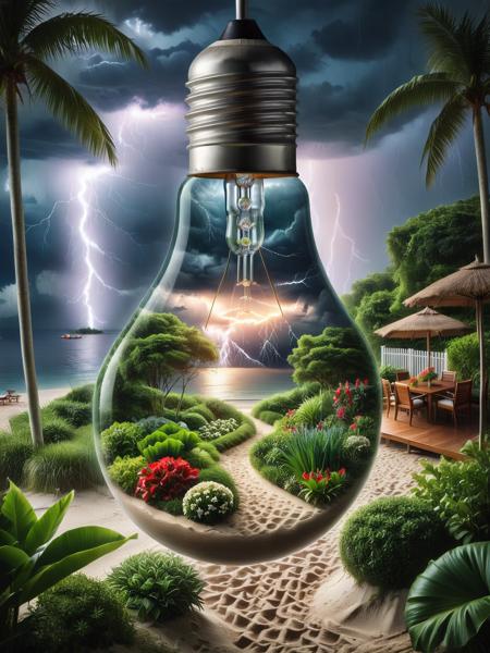 ais-bulbz, a peaceful city garden inside the bulb, a thunderstorm over a beach outside the bulb <lora:Inside_A_Bulb_SDXL:0.85>