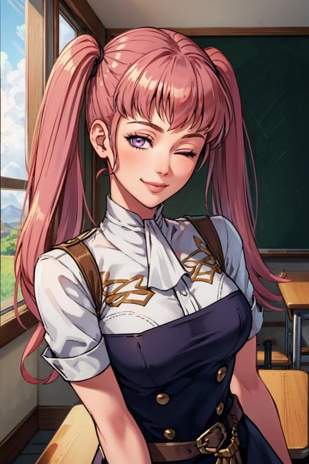 masterpiece, best quality, serra, purple eyes, hildauniform, looking at viewer, smile, one eye closed, one eye open, school, classroom <lora:serra-nvwls-v2-000010:0.9> <lora:fireemblem_hilda-10:0.8>