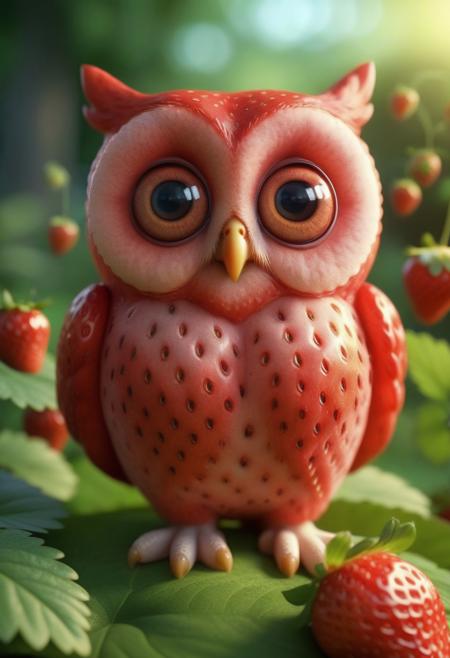 8k, photorealistic, dof, colourful, soft light, high-resolution picture,
A cute red owl made of strawberry, 
big eyes, detailed eyes, 
garden background,