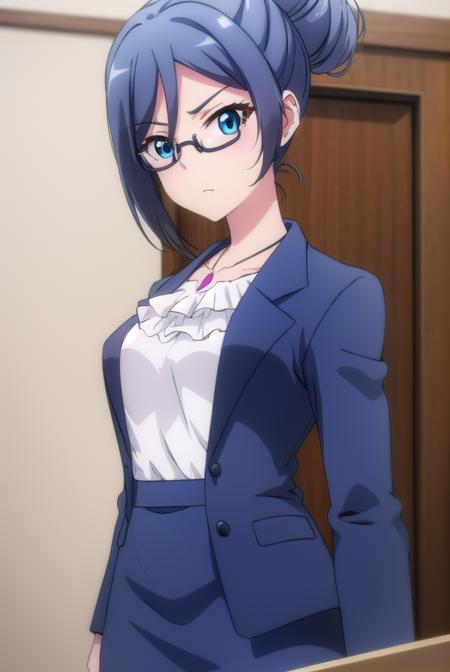 beatriceroegner, <lora:beatrice roegner s2-lora-nochekaiser:1>,
beatrice roegner, short hair, blue eyes, blue hair, glasses, hair bun, single hair bun, semi-rimless eyewear,
BREAK skirt, shirt, jewelry, collarbone, jacket, white shirt, pantyhose, necklace, blue skirt, black pantyhose, formal, single hair bun, suit, blue jacket, pencil skirt, teacher, skirt suit,
BREAK indoors, classroom,
BREAK looking at viewer,
BREAK <lyco:GoodHands-beta2:1>, (masterpiece:1.2), best quality, high resolution, unity 8k wallpaper, (illustration:0.8), (beautiful detailed eyes:1.6), extremely detailed face, perfect lighting, extremely detailed CG, (perfect hands, perfect anatomy),