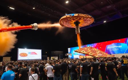 photo++ at a security expo event of a (hyperfrisbee pizza cannon)+ for launching pizzas to Mach 2 with maximum spin and aerodynamic properties