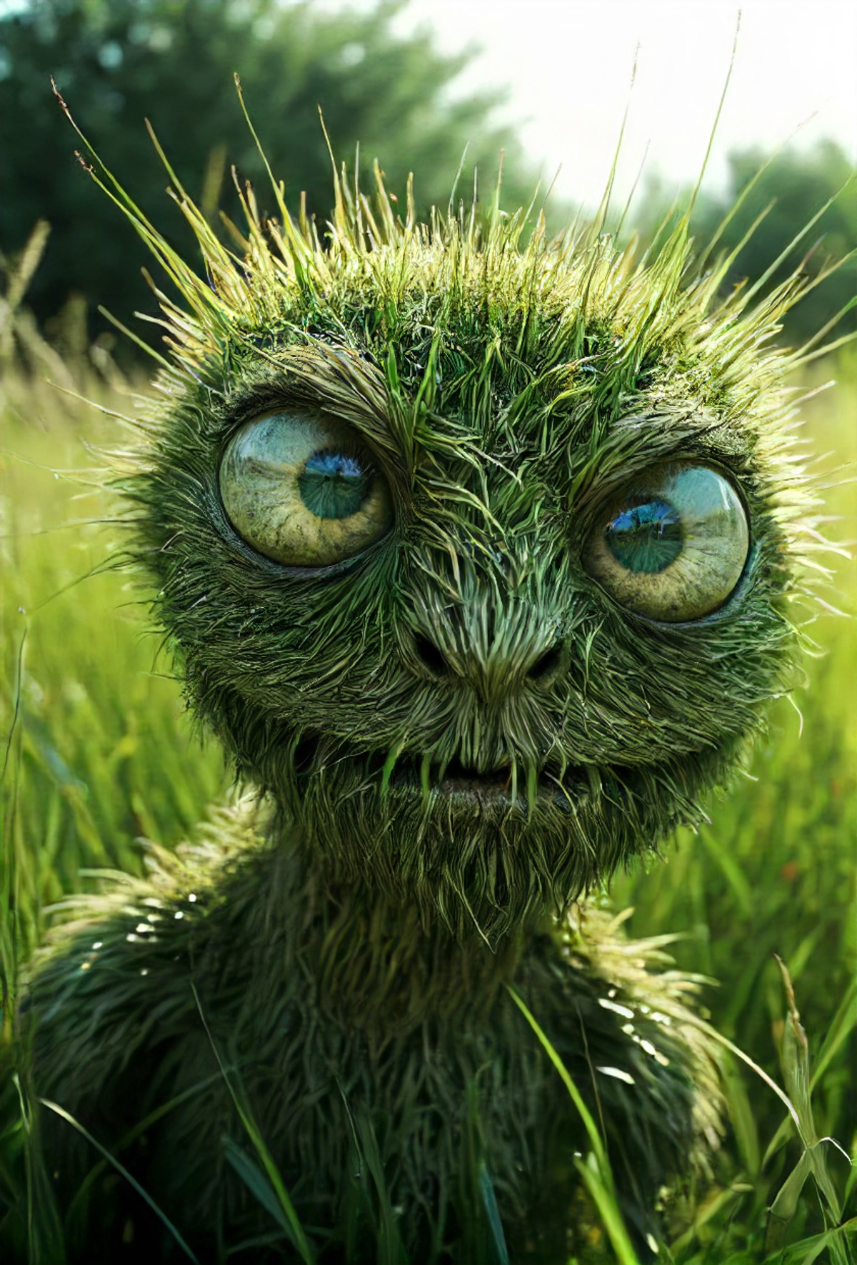 depiction of a strange looking grass creature threatening you to touch it, expressive face, confused, intense eyes, high q...