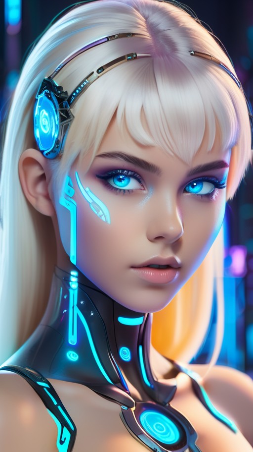 concept art portrait of a naked 18-year-old girl with bright blonde hair and piercing blue eyes. Futuristic Cyber City wit...