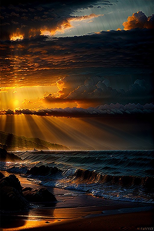 Dramatic clouds rolling in from the sea, casting shadows over a beach at sunrise, vibrant hues of orange painting the sky, hyperrealistic landscape, cinematic lighting, detailed textures, masterpiece digital painting by Ivan Aivazovsky and Claude Monet, 8k resolution, tranquil atmosphere, beautiful scenery.