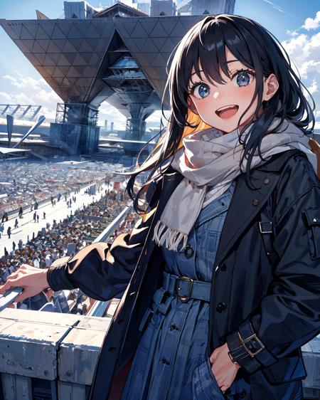 (masterpiece,best quality),perfect anatomy,super photo realistic illustration,highres,ultla detailed,absurdres,upper_body,wide view,
BREAK
(1 girl,cute,kawaii,black hair,long hair,smile,open mouth),long sleeves,coat,scarf,
BREAK
BigSight,extremely_crowd:1.4,wide view,<lora:TokyoBigSight:1>,