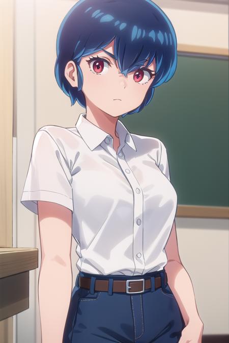 ryuunosukefujinami, <lora:ryuunosuke fujinami s1-lora-nochekaiser:1>,
ryuunosuke fujinami, short hair, blue hair, (red eyes:1.2), 
BREAK shirt, school uniform, (white shirt:1.5), short sleeves, collared shirt, belt, pants,
BREAK indoors, classroom,
BREAK looking at viewer, (cowboy shot:1.5),
BREAK <lyco:GoodHands-beta2:1>, (masterpiece:1.2), best quality, high resolution, unity 8k wallpaper, (illustration:0.8), (beautiful detailed eyes:1.6), extremely detailed face, perfect lighting, extremely detailed CG, (perfect hands, perfect anatomy),