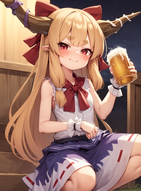 1girl, solo, ibuki suika, horns, thick eyebrows, low-tied long hair, sidelocks, thick eyebrows, wrist cuffs, sleeveless, blue skirt, long skirt, squatting, looking at viewer, slight smile, blush, drunk, holding beer, drunk, outdoors, night<lora:suika:1>