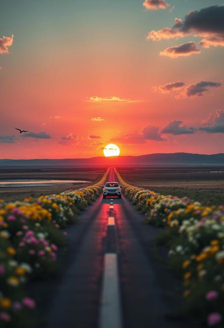 White, pink, yellow, colorful flower fields, the road continues into the sunset, emphasizing the perspective, expanding the area near the sunset and the distant area, the sunset is reflected on the water surface, waves, swaying grass and flying birds, shadows on the clouds, the car is positioned based on the golden ratio, movement, savannah wilds, arid prairie, detailed scenery, full moon, night, clouds, starry sky, milky way, 
best quality, sharp focus, high contrast, colorful, ultra quality, 8k, best quality,