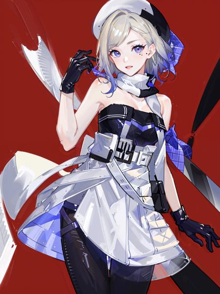 jean bart \(kancolle\), 1girl, solo, gloves, hat, dress, beret, multicolored clothes, mole under eye, strapless dress, strapless, black gloves, mole, scarf, multicolored scarf, white headwear, multicolored gloves, white dress, blue background, breasts, two-tone dress, bare shoulders, gradient, looking at viewer, belt, gradient background, mole under mouth, pantyhose, cosplay, multicolored dress, cowboy shot, simple background, two-tone gloves, original, intricate detail, illustration, masterpiece, extremely detailed CG unity 8k wallpaper, highlight, sharpening, dynamic,  <lora:JeanBart:0.5>