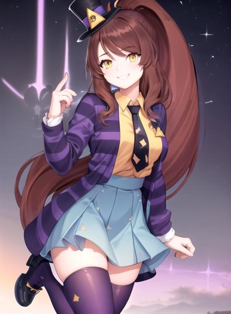 best quality, (masterpiece),(ultra-detailed), (high quality), (high resolution),   <lora:metta:0.7>,MettaCipher, 1girl, solo, long hair, breasts, looking at viewer, smile, bangs, skirt, brown hair, shirt, thighhighs, long sleeves, hat,  jacket, full body, yellow eyes, ponytail, open clothes, necktie, striped, collared shirt, blue skirt, zettai ryouiki, high ponytail, purple background, mini hat, top hat, purple jacket,spread legs,