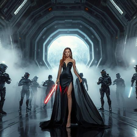 slender arrogant cold femme fatal russian lady wearing   black glossy satin high slit gown,  small size opulent glossy high heels,  ultrathin black  transparent slime cloak, jewels, elegant small light saber, posing  standing, giant portal to outer space, fog from the floor, empire spaceship hangar, surrounded by halo odst troopers, fashion look, hollywood, vogue makeup, porcelain skin, long haired, ultrathin waisym reminiscent of H.R. Giger, Zdzisław Beksinski, and Ash Thorp's dark, sleek styles, with close-up glamour photography, glossy satin and silver heels glistening, fleshy slime dripping, and dark shadows.