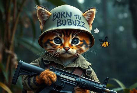 A mischievously cute but tough-looking kitten, dressed as a U.S. Marine during the Vietnam War. The kitten is wearing a slightly oversized olive-green military uniform and a flak jacket, holding a small M16 rifle with a playful yet rebellious expression. Its front helmet is adorned with the words “BORN TO BUZZ..” in bold, hand-painted letters, alongside a hand-drawn bee symbol buzzing aggressively. The backdrop features a dense jungle with hints of smoke and a humid, war-torn atmosphere. The kitten’s eyes gleam with a mix of charm and a cheeky “bad boy” attitude. Vibrant details, hyper-realistic fur texture, and cinematic lighting bring the scene to life.