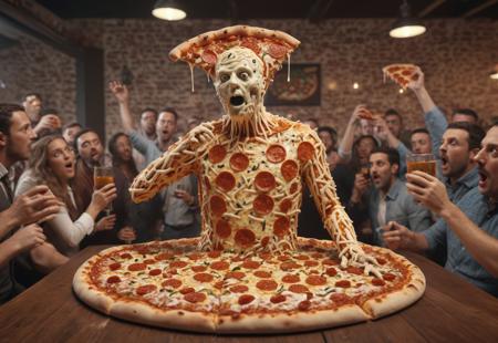 (surreal)++, An anthropomorphic pizza at a crowded bar is shocked to see people eating pizza slices, full body view, realistic, RAW photo, 8k, uhd, dslr, high quality, realistic photograph, depth of field, pizzasdx