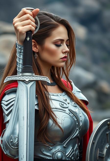 A woman in silver armor, red cape, holding an ancient sabre in her right hand, held high in front of her face, the point of the sword pointed to the ground, woman with long brown hair, slightly tilted head, eyes closed, wearing jeweled earrings, breast, medium breast, lips, left hand holding shield, profile, outdoor blurred background, science fiction