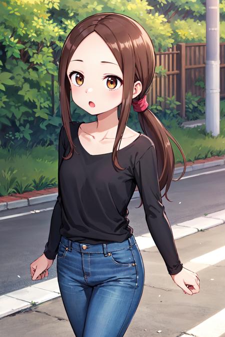 masterpiece, best quality, highres, 1girl, cctakagi, long hair, low ponytail, collarbone, black shirt, long sleeves, blue pants, jeans, <lora:takagi-san_v1:0.7>, street, walking, cowboy shot, :o