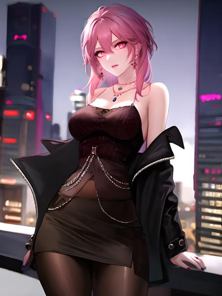 <lora:Chelsea_V6-000010:0.75>,chelsea,chelsea_skirt,(masterpiece:1.4),(best quality:1.4),1girl, solo,cyberpunk,bare shoulders,dress,black pantyhose,bare arms,cityscape, jewelry, necklace, nail polish,neon lights,pink hair