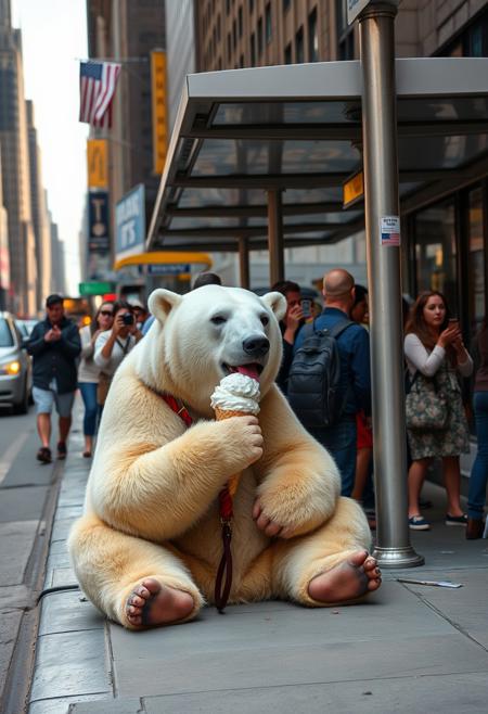 An anthropomorphic polar bear is licking ice cream, sitting at a bus stop in downtown New York, there are a lot of people around, busy traffic, people taking pictures, summer, heat, clear image, no blur